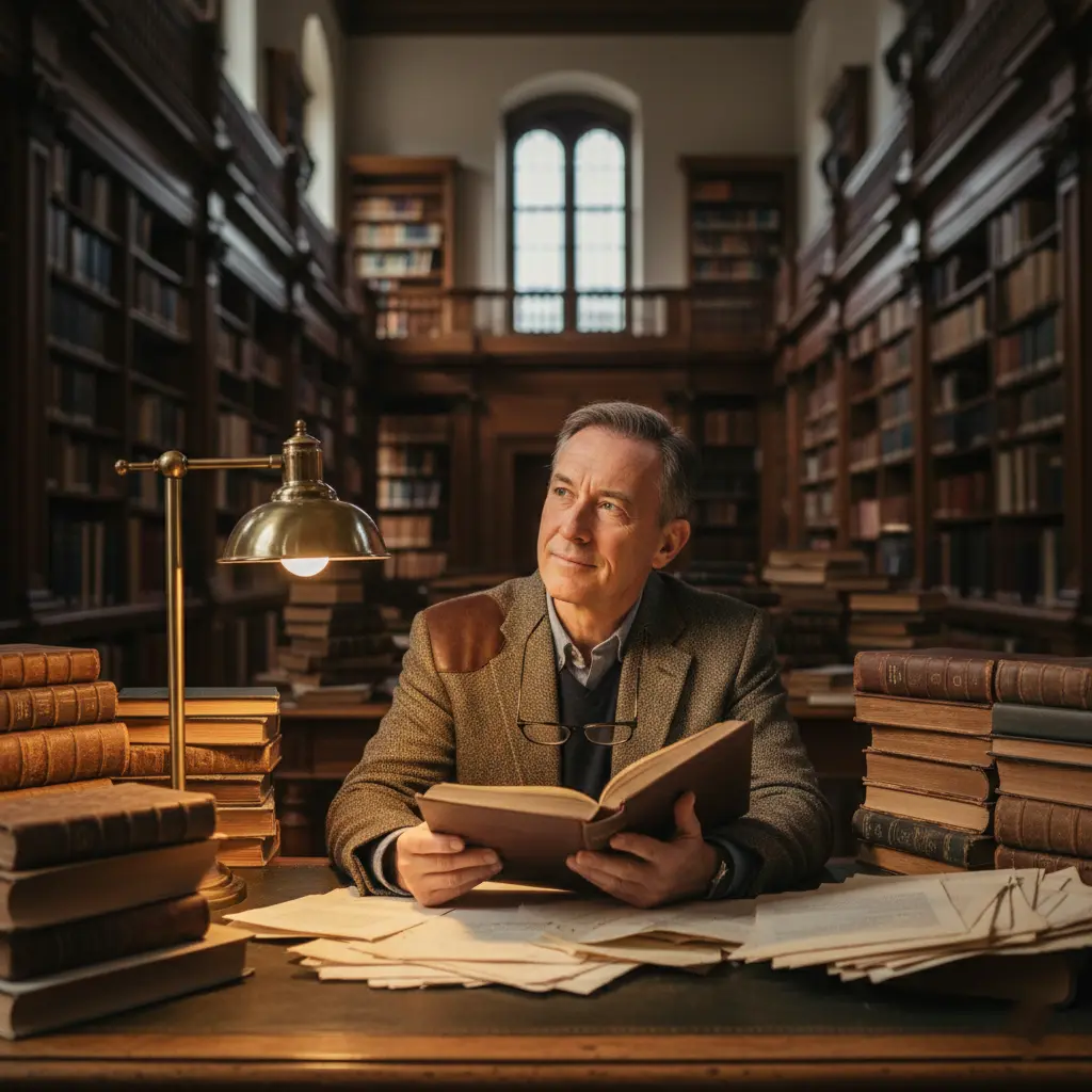 Scholar or academic in library setting