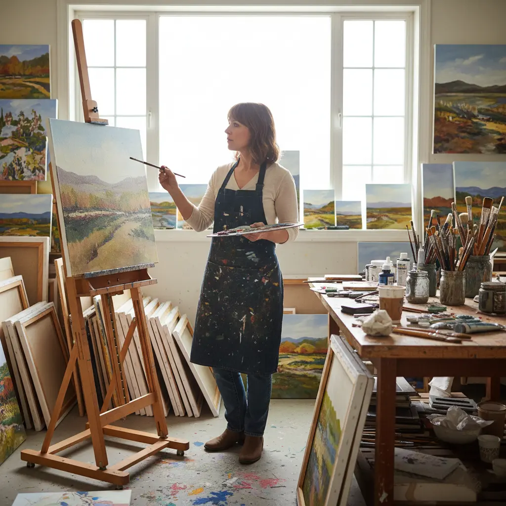Artist in their studio surrounded by artwork